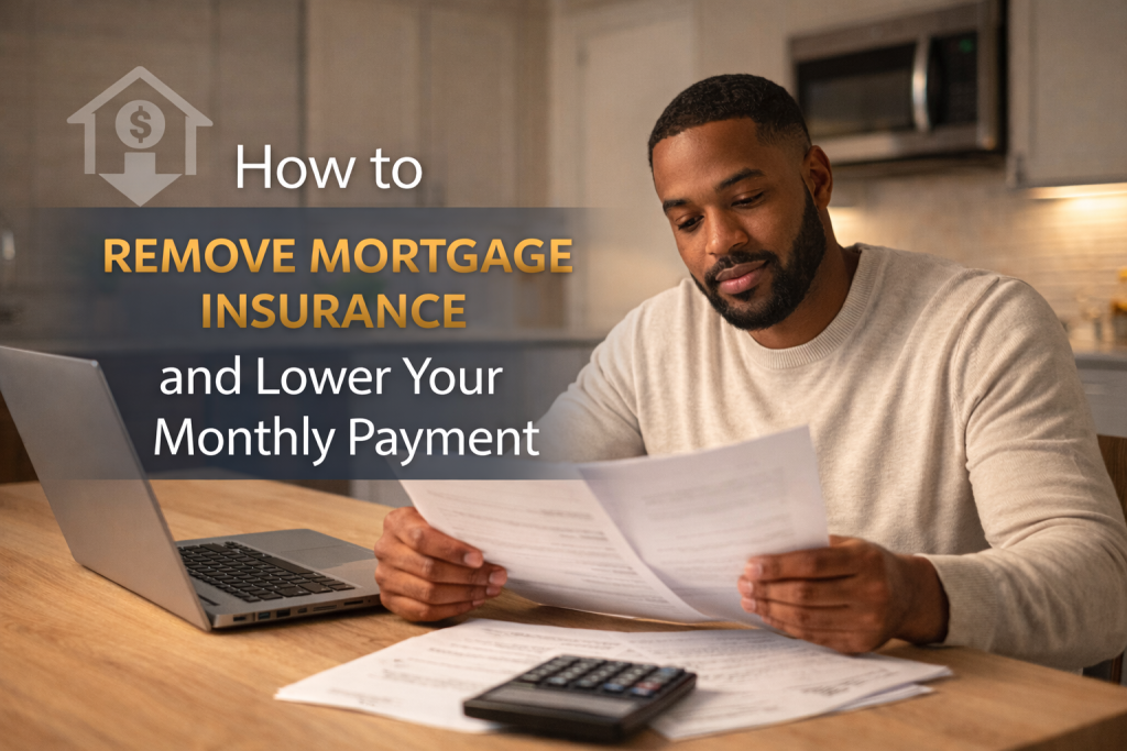 Homeowner reviewing mortgage insurance documents with calculator and laptop